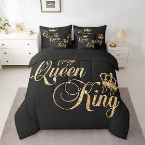 Crown and Couple Bedding Set His and Hers Bed in a Bag for Teens Women Men Black Golden ,Lover Romantic Valentine's Day Decorations Bed Set All Season(No Glitter)