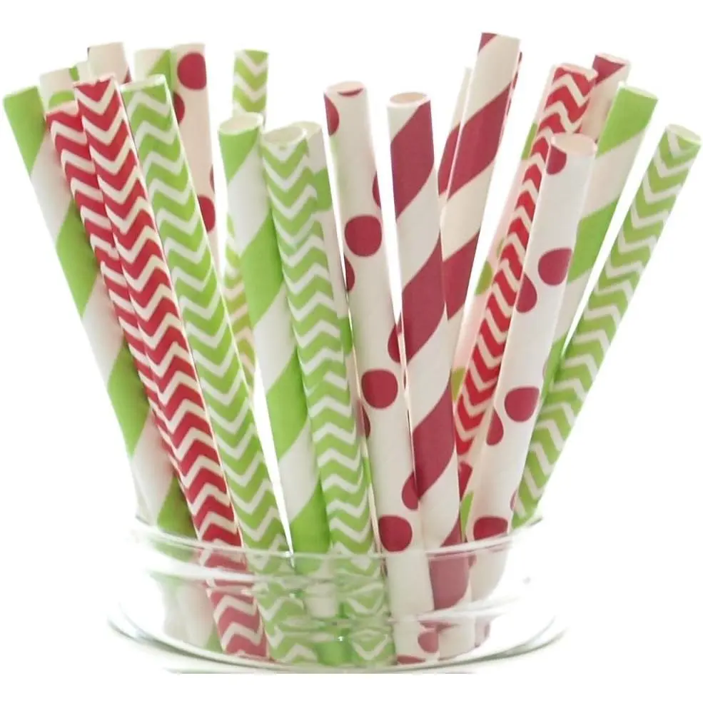Merry Christmas Straws (25 pack) - Holiday Favors  Cake Pop Sticks Decoration Candy Cane Red Stripe &amp; Tree Green
