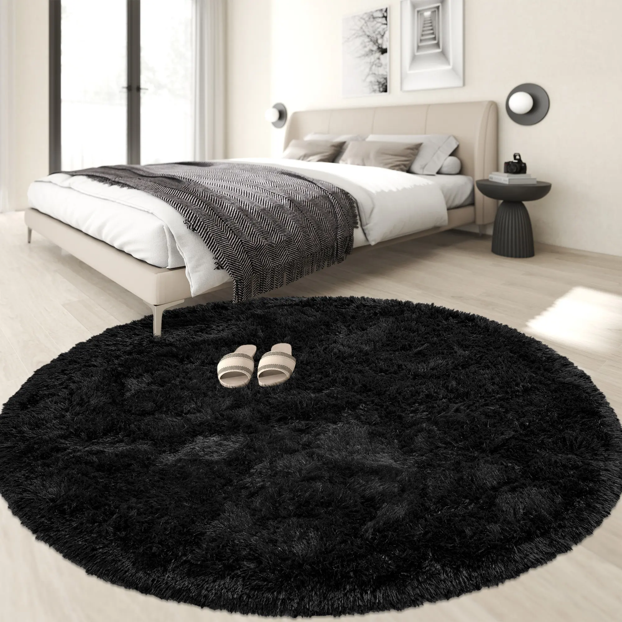 Black Round Rug 3FT 4Ft 5FT 6FT 7FT for Bedroom, Fluffy Shag Circle Area Rugs for Kids Room Decor Aesthetic, Fuzzy Plush Fur Carpets for Living Room Nursery Dorm Classroom, Black Carpet, Rugs for Teen Boys