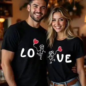 Casual Short-Sleeve T-Shirt with a Love-Themed Cartoon Character Design for Couples on Valentine'S Day.