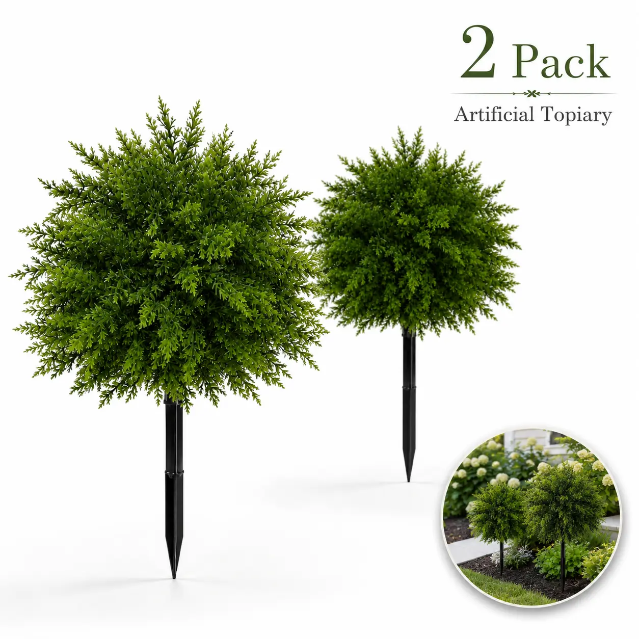 2-Pack Decorative Artificial Boxwood Topiary Ball Set with Ground Stakes, UV-Resistant Faux Plants for Outdoor Patio, Garden Floral Decor Ornaments, Botanical Aesthetic, Artificial Plants Outdoor, Decorative Fake Plant
