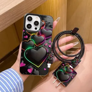 6-Piece Set Heart & Rainbow Outline Phone Case + Charger Head Cover + Cable Protector + Storage Rope + Data Line Protection Apple iPhone Gift, for Cellphone