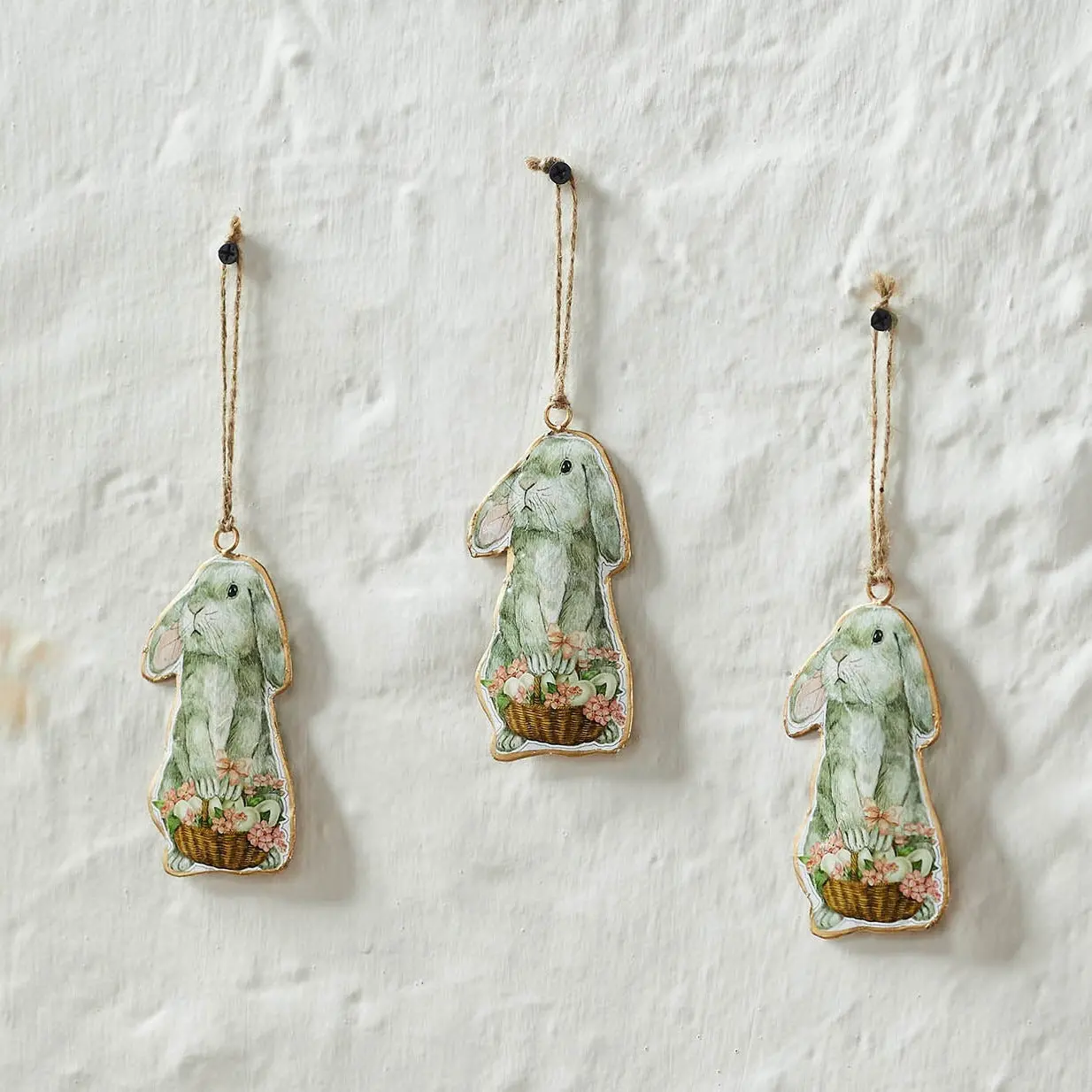 Bunny Hop Metal Rabbit w/ Flower Basket Ornament Set of 3