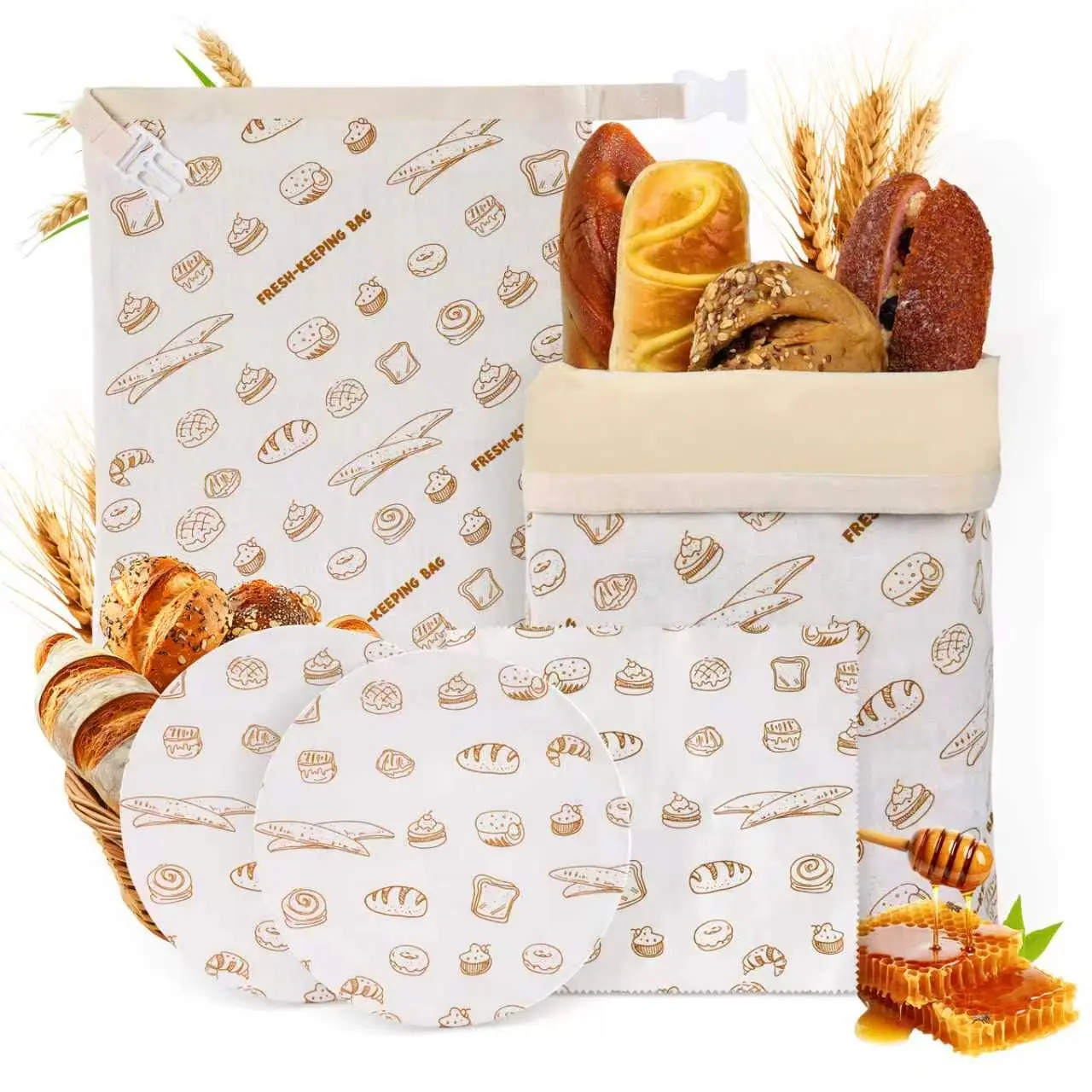 5PCS Beeswax Bread Bags with Zipper Seal, Reusable Beeswax Wrap, Plastic-Free Food Storage Wrap, 2 Sourdough Natural Beeswax Bread Storage Bag, 1 Wrap, 2 Bowl Cover