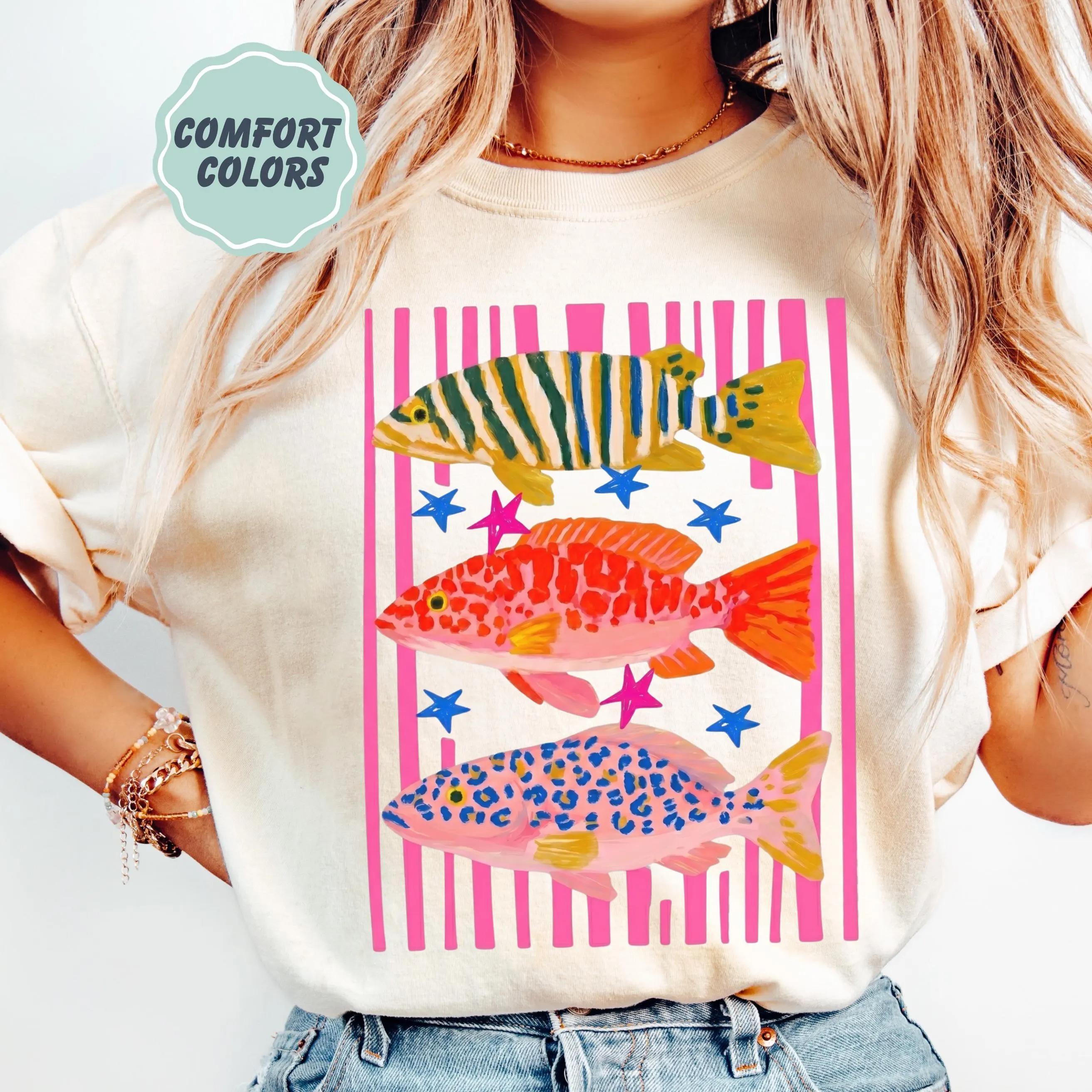 Comfort Colors Fish Shirt – Summer Boho Tee – Coastal Beach T-shirt – Tropical Bright Color Fish Tshirt – Retro Graphic Ocean Life Tee