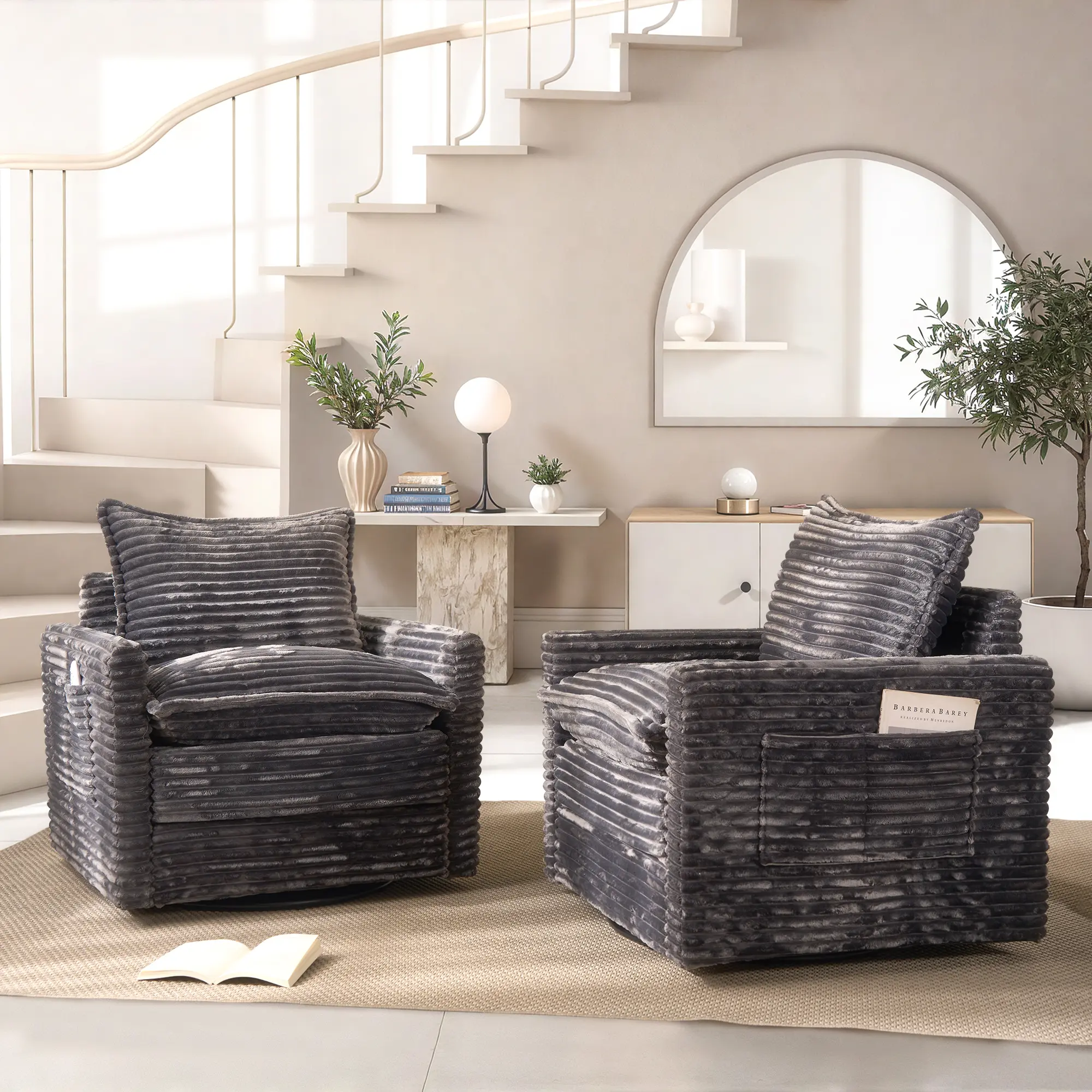 Grey Plush Corduroy Swivel Chair*2