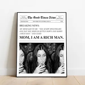 Trendy Newspapers Print Mom I am a rich man Cher Quote Poster Retro Bar Cart Feminist Wall Art Magazine Cover Aesthetic New York News