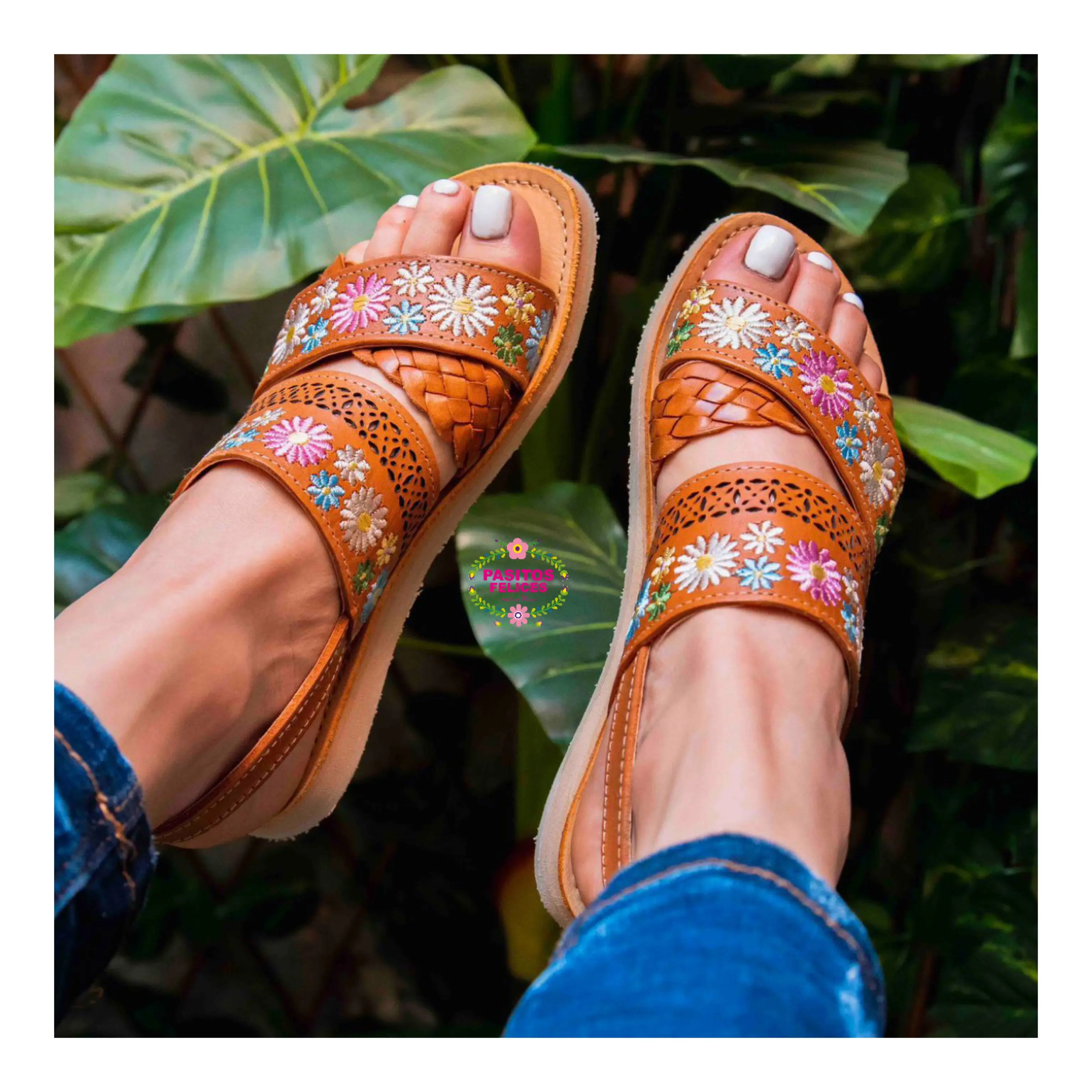 Trenzita Primavera- Embroidered Leather tan Sandals Shoe Footwear