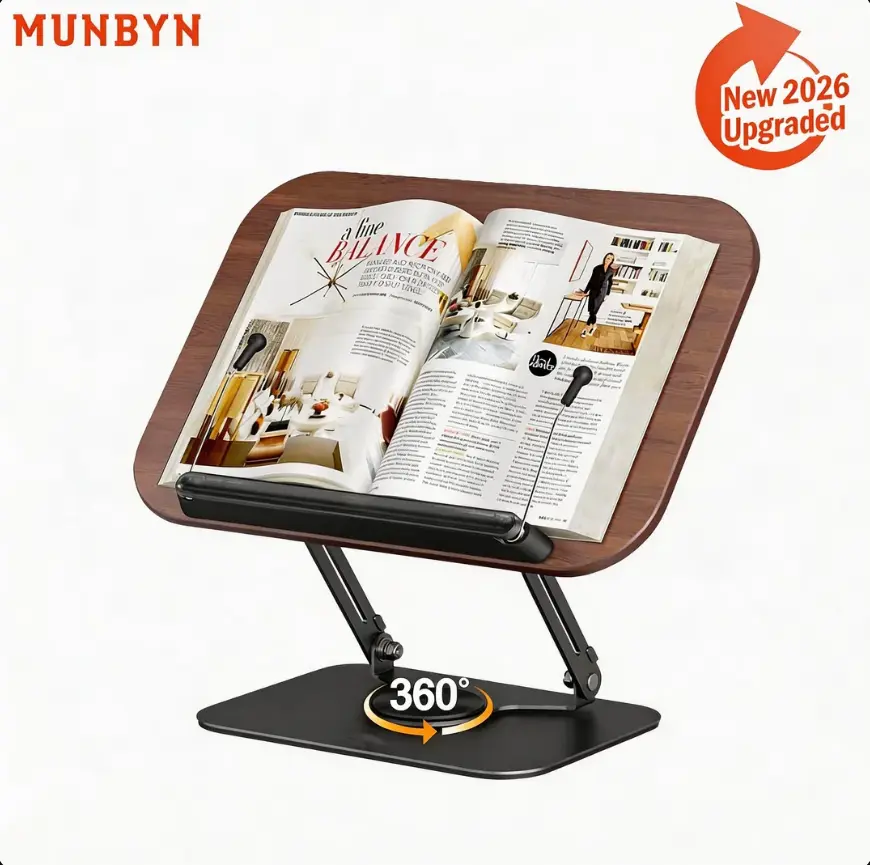 MUNBYN Adjustable Book Stand with 360° Rotatable Base, Angle Adjustable Height, Foldable Portable Lightweight Design, Page Clips, Office Accessories Organizer, Office Supplies for Cooking, Textbook, Kindle, Tablet Use
