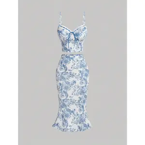 Women's 2-Piece Floral Printed Spaghetti Strap Top & Skirt Set - Ideal for Vacation, Summer, Party
