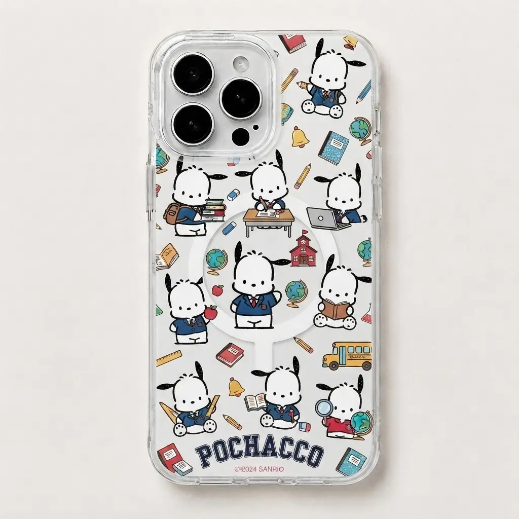 Pochacco Back to School Clear Case for iPhone 11-17 Pro Max Galaxy S21-S26 Ultra, Cute Kawaii Sanrio Academic Student Transparent Magnetic Protective Phone Cover, Soft Girl Pink Blossom Puppy Case, Slim Shockproof Protective Case, Gift for her
