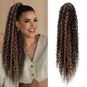XINRAN 24 Inch Curly Ponytail Hair Extensions Black with Gold Highlights Curly Synthetic Ponytail Clip In Hair Extensions for Women Fluffy Natural Synthetic Wigs for Daily Use