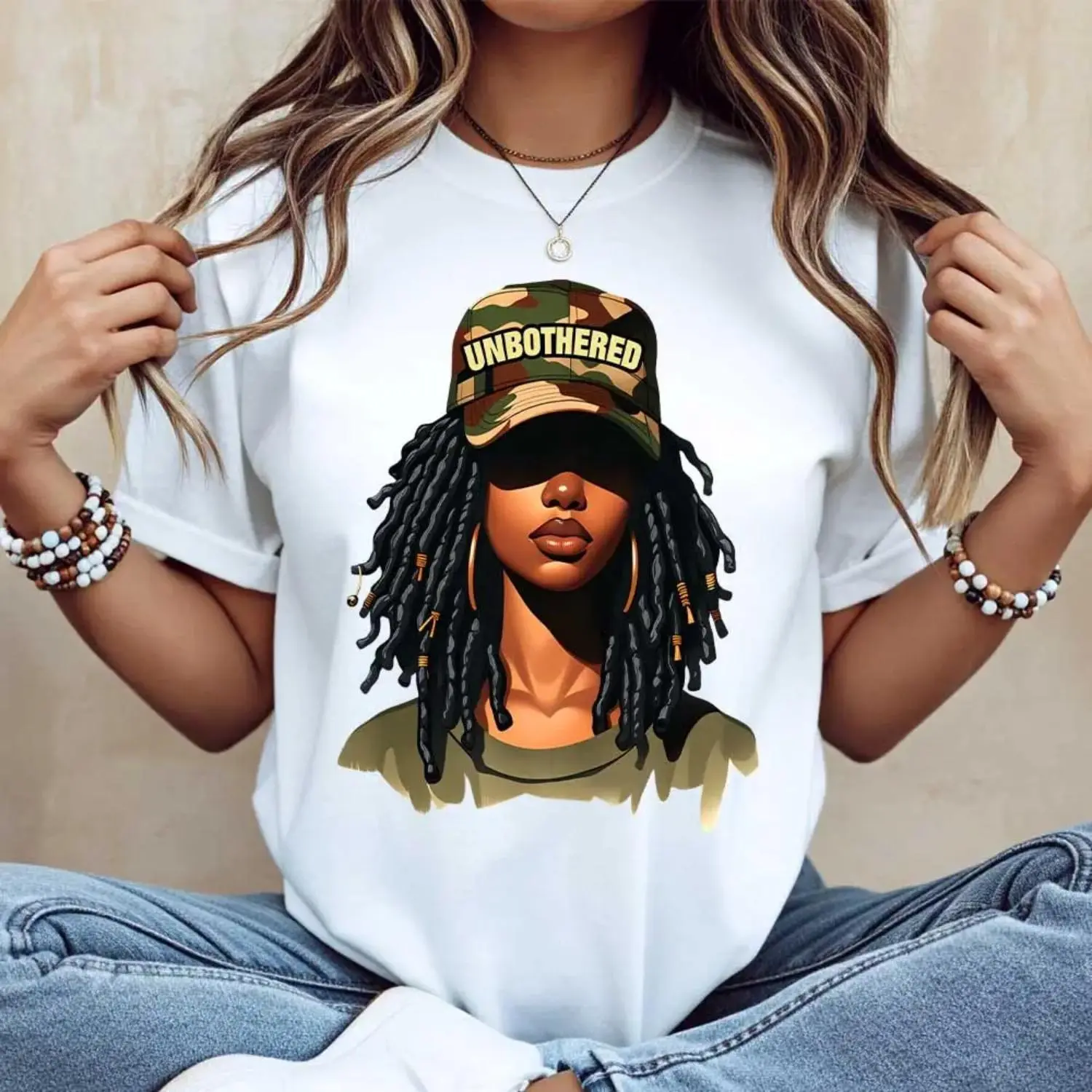 Casual White Women TShirt Featuring Unbothered Girl With Dreads Camo Hat Graphic For Daily Use
