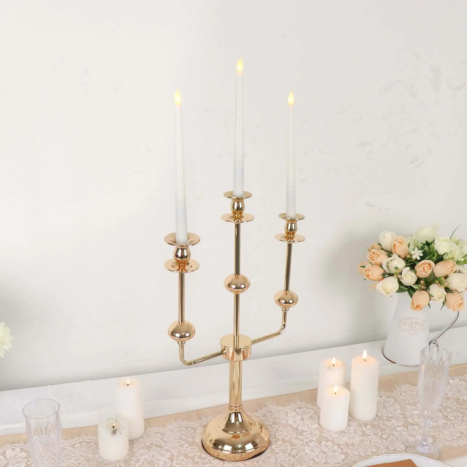 Gold Metal 3-Arm Candle Holder Table Centerpiece 20" Candelabra - Taper Candlestick Stand, Room Decor, Anniversary