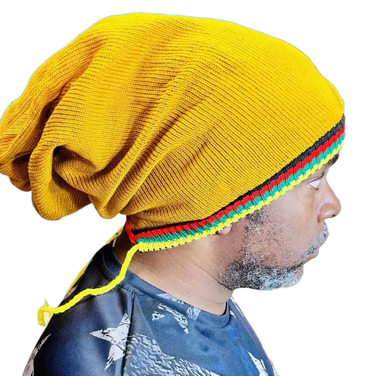 Dark yellow hand knitted hats with Rasta color stripes trucker hat