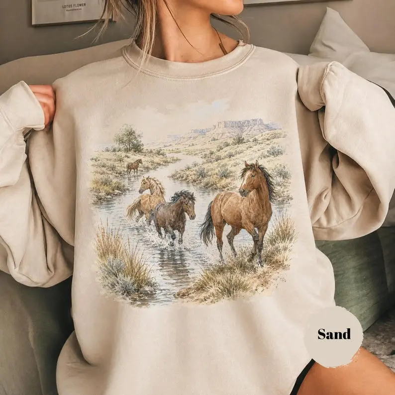 Wild Horses River Sweatshirt, Vintage Western Landscape Graphic Sweater, Nature Wildlife Apparel, Horse Lover Gift, Outdoor Shirt