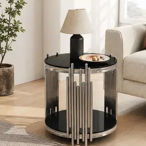 19.7" Round Glass End Table 2-Tier Side Table with Stainless Steel Legs Black Tempered Glass Modern Luxury Accent Table for Living Room Home Office Bedroom Nightstand Sofa Coffee Table, Black+Silver Color Options, Glass+Metal/Stainless
