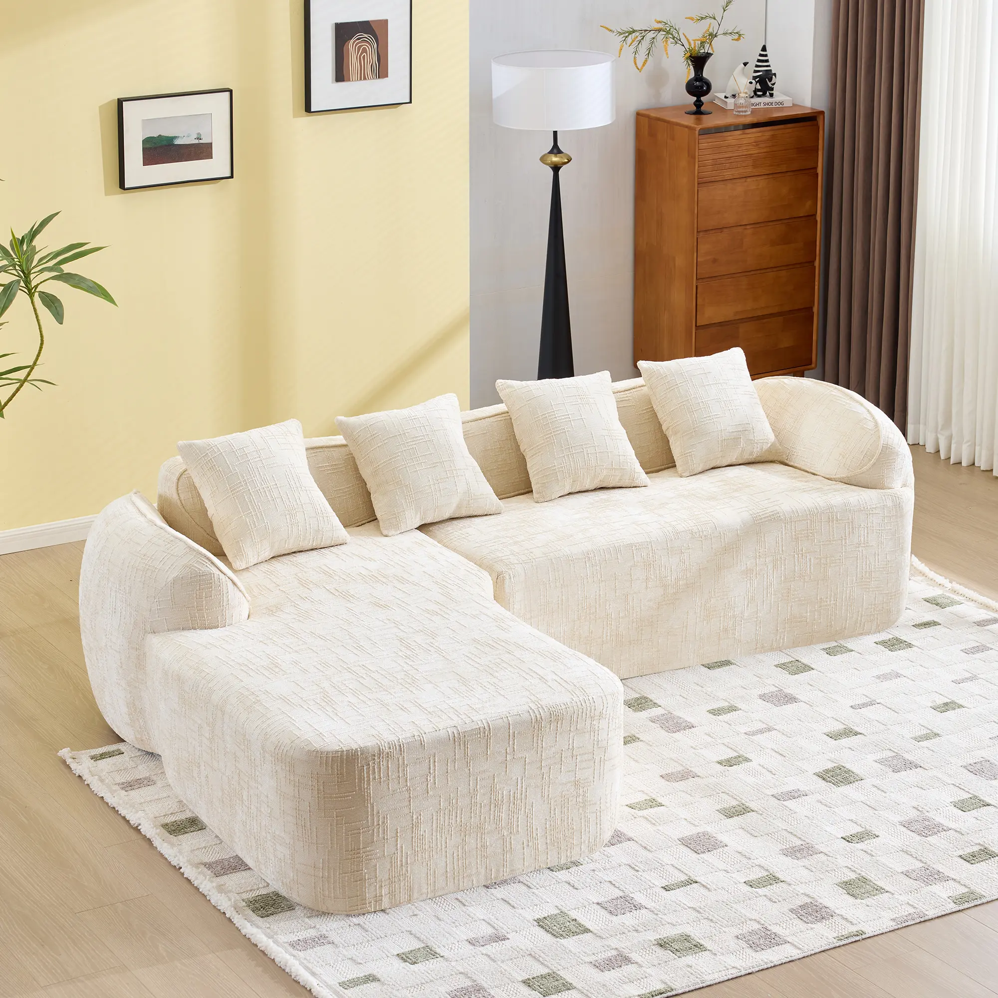 L-Shaped Compressed Chenille Sofa, High-Elastic Sponge, Curved Armrests, 4 Throw Pillows – Ideal Sectional for Living Room