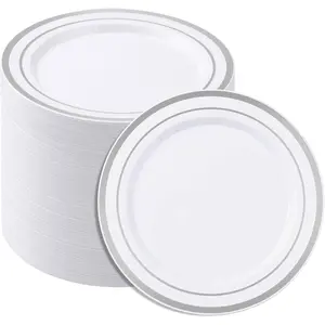 7 Inch White Plastic Plates,100PCS Disposable Dessert/Appetizer/Small Cake Plates with  Rim,Heavy Duty Plate Ideal for Wedding and Birthday