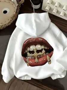 Women's Fashion Hip-Hop Lip Print Hoodie, Casual Loose-Fitting Drawstring Pocket Sweatshirt, Fall Winter Outerwear