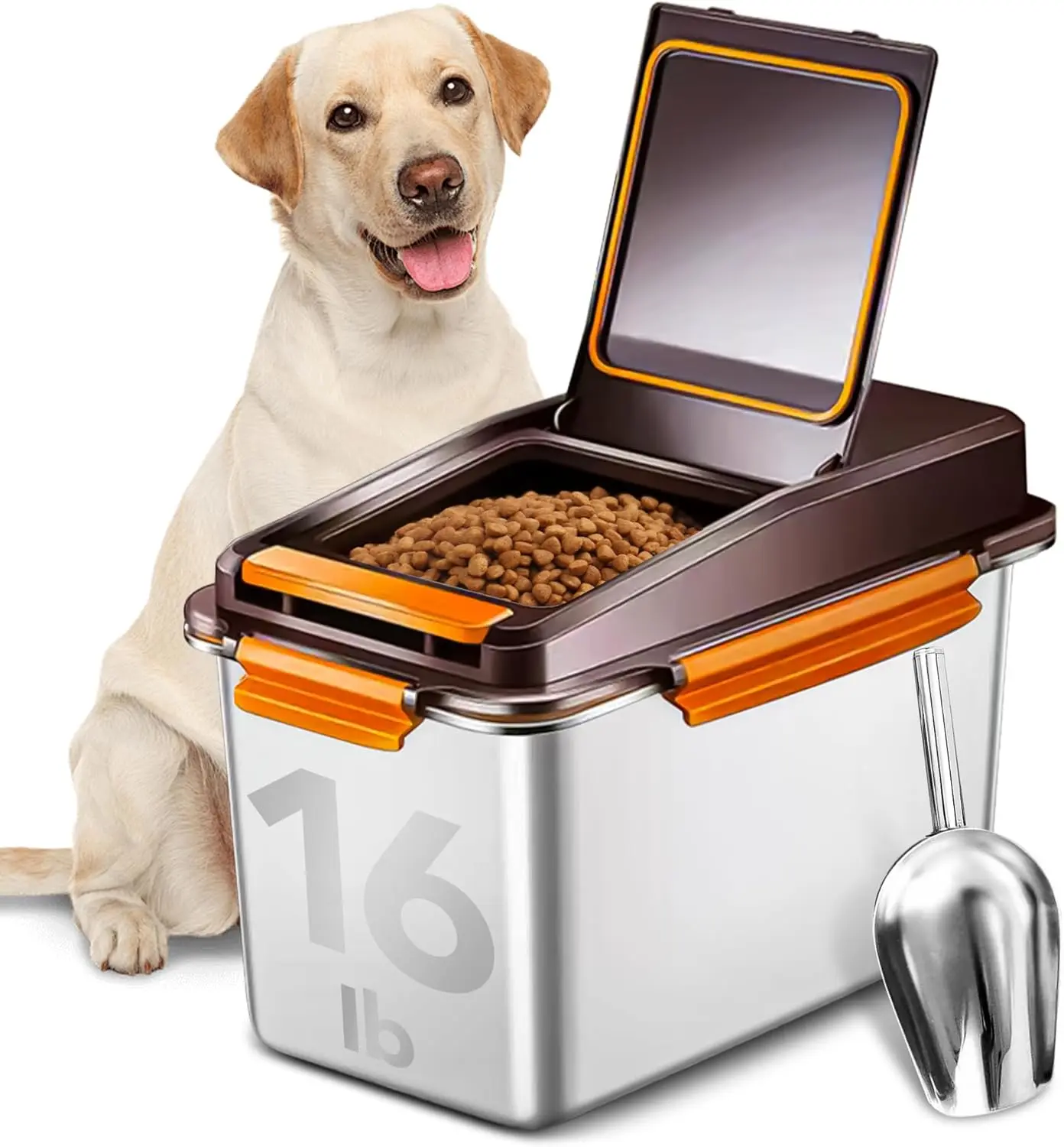Dog Food Storage Container Stainless Steel with Scoop, 16lb/7.4kg Airtight Pet Metal Food Storage Bin, Cat Food Container for Dry Dog Food, Cat Food, Bird Seed, Keep Food Fresh, Brown