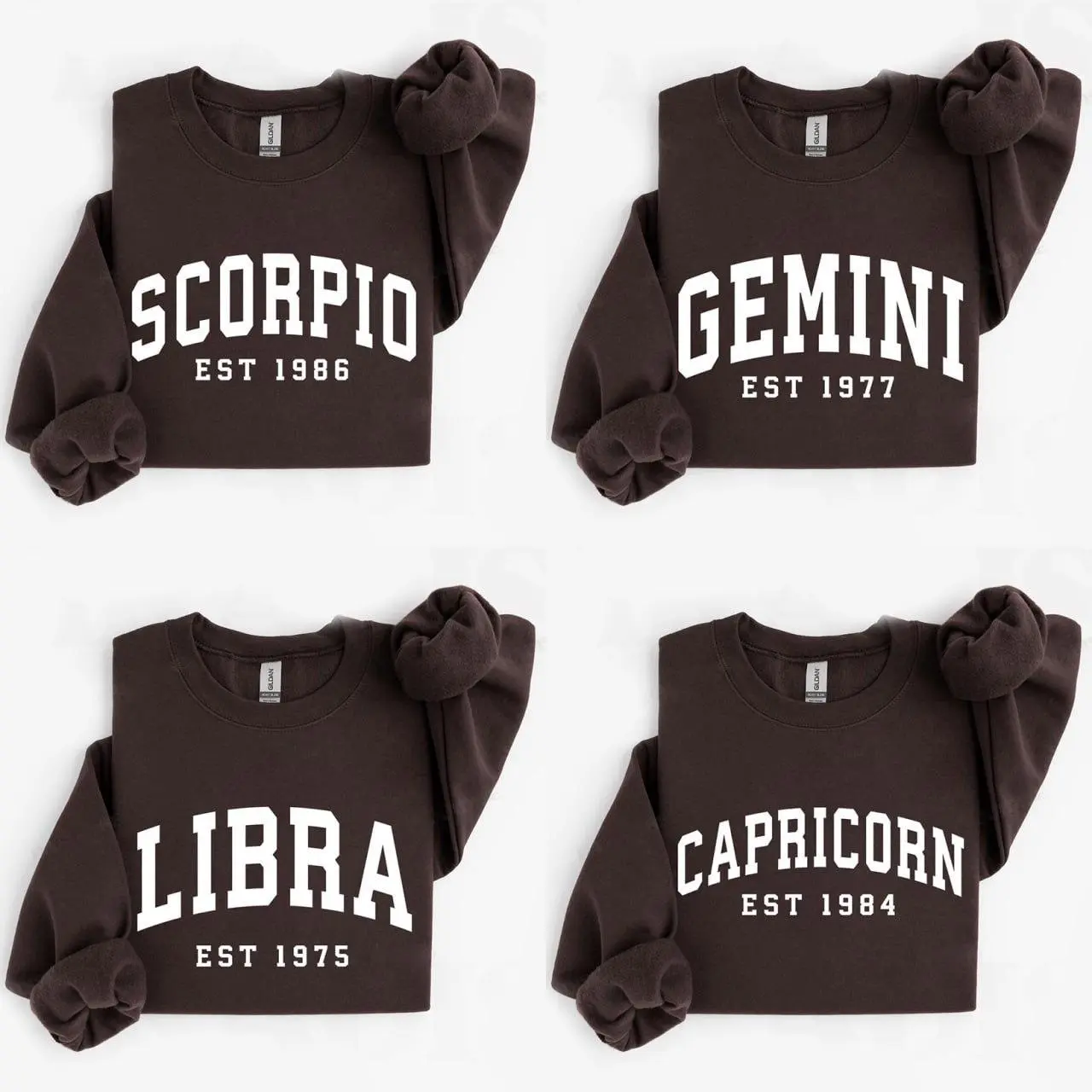 (LEAVE A NOTE OR DM SHOP) Custom Zodiac Sweatshirt with Est Year - Dark Chocolate, Cute Horoscope Astrology Graphic Sweatshirt, Unisex Crewneck Sweatshirt, Personalized Zodiac Energy Gift for Birthday, Star Sign Lovers, Celestial Sweatshirt - AG