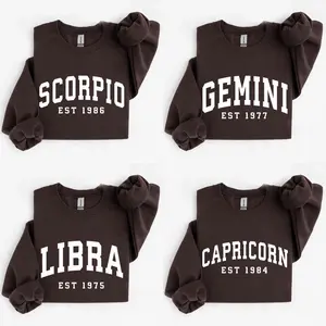 (LEAVE A NOTE OR DM SHOP) Custom Zodiac Sweatshirt with Est Year - Dark Chocolate, Cute Horoscope Astrology Graphic Sweatshirt, Unisex Crewneck Sweatshirt, Personalized Zodiac Energy Gift for Birthday, Star Sign Lovers, Celestial Sweatshirt - AG