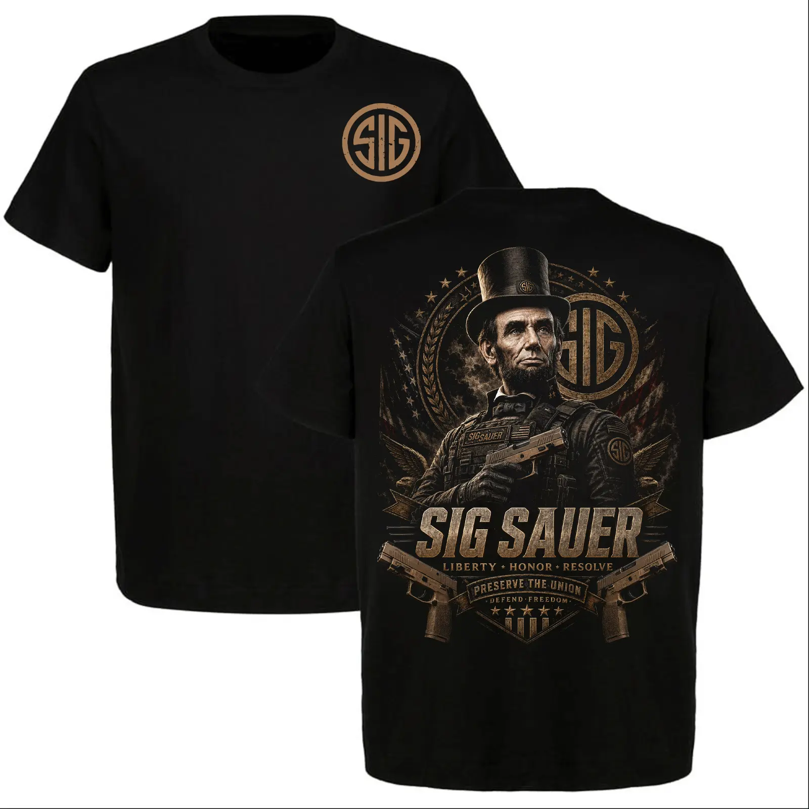 SIG Sauer Abraham Lincoln Tactical T-Shirt, Liberty Honor Resolve Military Graphic Tee, Patriotic Gun Lover Gift for Men