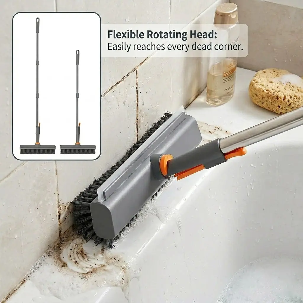3-in-1 Silicone Bathroom Cleaning Brush - 54-in Extendable Long Handle Durable Stiff Bristle Scrubber, 360-Rotating Squeegee for Bathtub, Tile, Garage, Kitchen, Gift-Worthy Home Care Tool