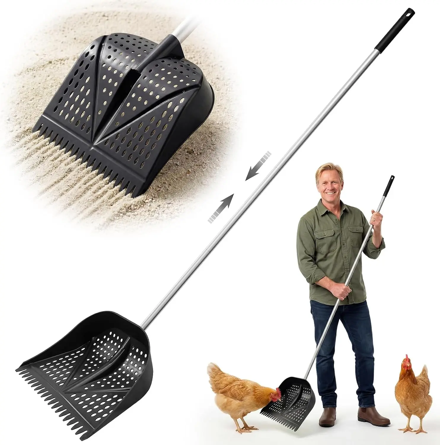 Heavy-Duty Yet Lightweight 2-in-1 Chicken Poop Scooper Rake Adjustable Handle 38in to 66in Manure Sifting Ideal for Chicken Coops Farm Animal Cleaning Black