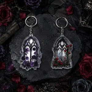 Gothic Window Acrylic Keychain Dark Rose Cathedral Charm Black Floral Key Ring Gothic Aesthetic Bag Pendant Gift for Women Alternative Style