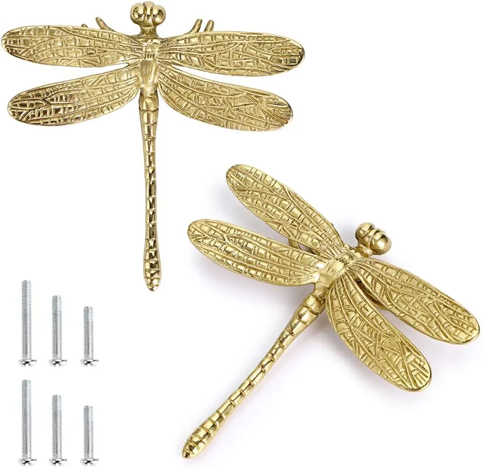 Pack of 2 Brass Dragonfly Cabinet Knobs, Golden Tone Cupboard Door Knobs Decorative Dresr Drawer Handle Knobs for Dresr Drawer Cabinet Clot