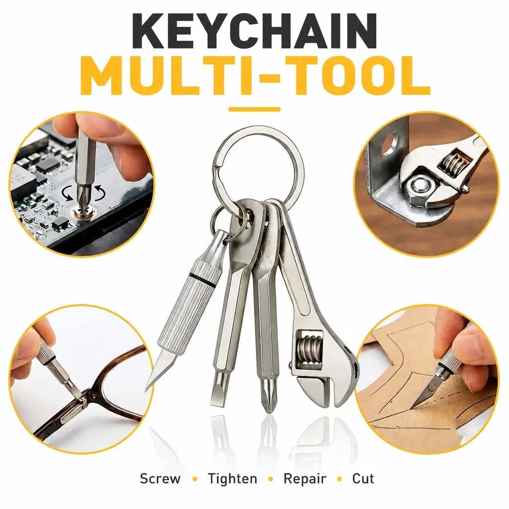 Keychain Multi Tool Stainless Steel EDC Wrench Screwdriver Cutter Pocket Repair Gadget For Men Outdoor Camping Daily Emergency Carry Utility Key Ring Tool