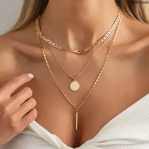 Layered Stacked Pendant Necklace, Dainty Multilayer Choker Chain with Disc & Bar Pendant, Gold/Silver Plated Minimalist Jewelry Gift for Women summervibes