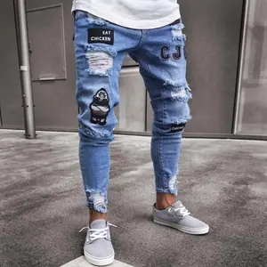 Fashion Men Holes Embroidery Stretch Skinny Jeans Trousers Ripped Slim Male Joggers Pencil Denim Pants Embroidered Casual Streetwear Chicken Menswear Sneakers Stylish Pocket baggy pants skinny jeans baggy jeans men