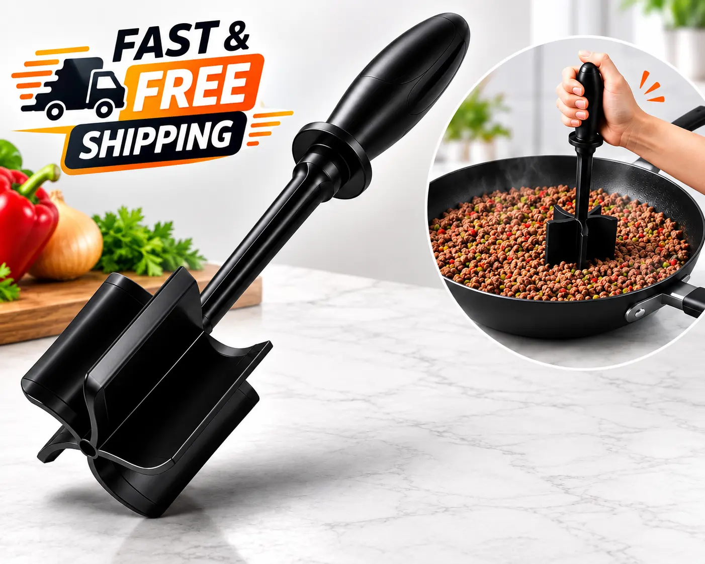 1PC Premium Meat Chopper & Ground Beef Masher – Heat Resistant Hamburger Meat Shredder, Non Stick Meat Crusher for Ground Beef, Turkey, Chicken & Burger Cooking