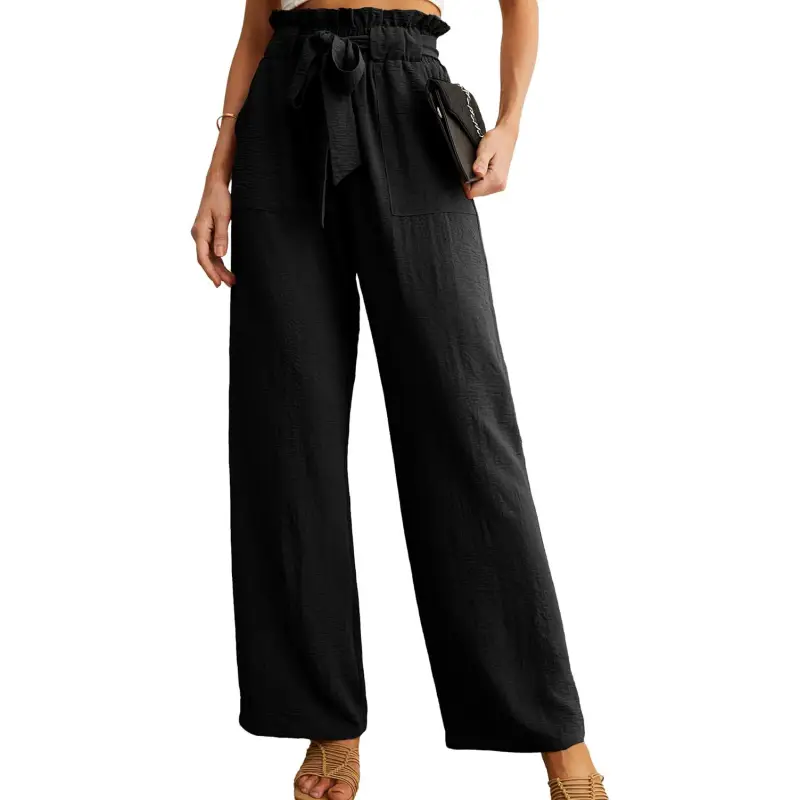 Women's Wide Leg Pants with Pockets High Waist Adjustable Knot Loose Casual Trousers Business Work Casual Pants