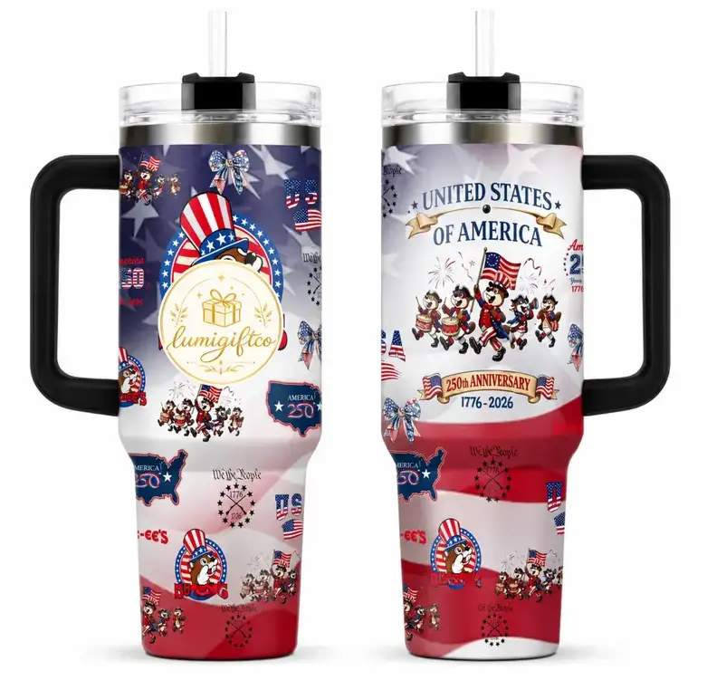 [Gift Box Included] 40oz, 20oz America 250th Anniversary 1776-2026 Patriotic Beaver Flag Print Stainless Steel Tumbler with Handle and Straw Vacuum Insulated Travel Mug Fits Car Cup Holder Cool Gift for USA Patriots