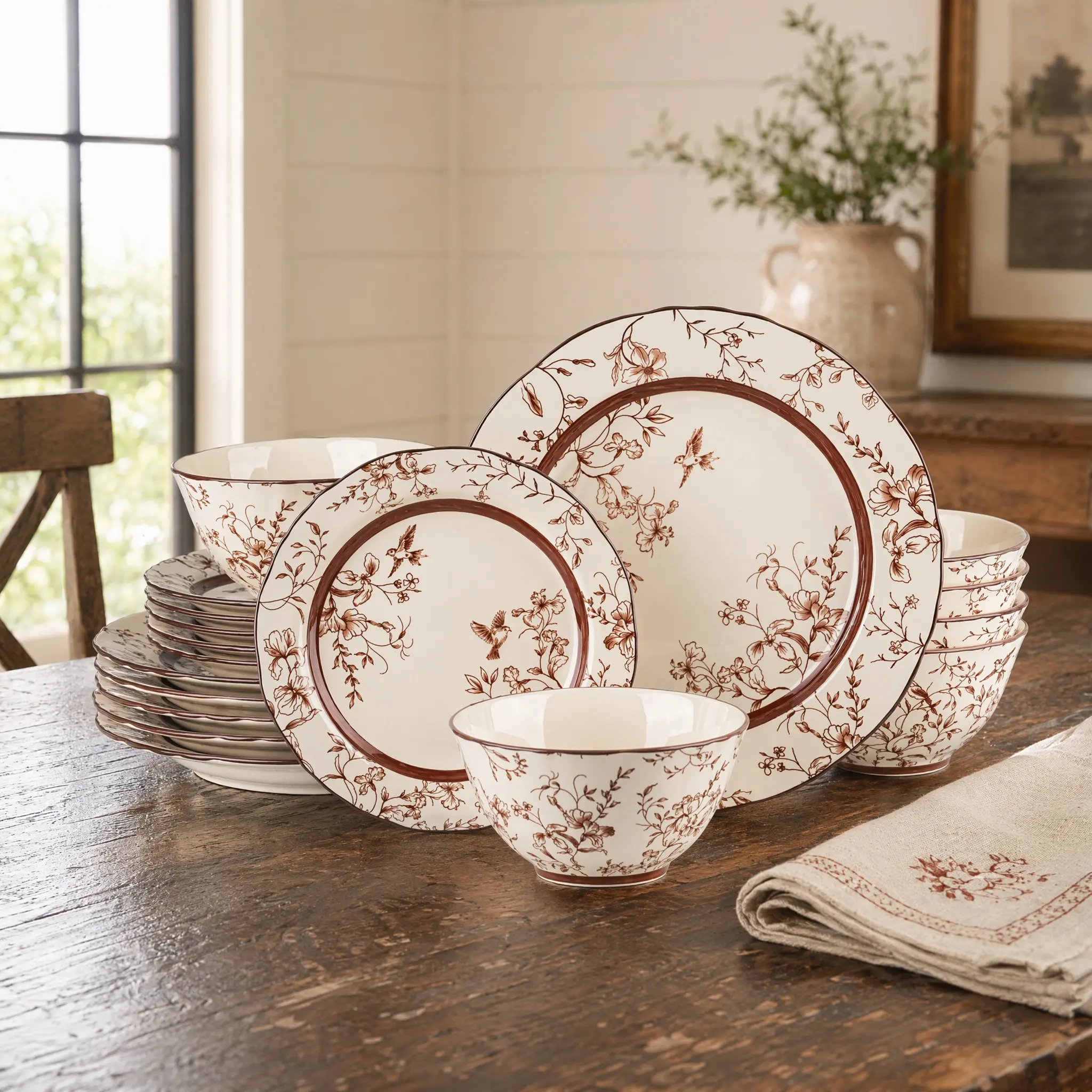 18/24 piece ceramic tableware set, tableware set, bowl and plate set, red retro style, including bowls and plates, suitable for 6/8 people dining, scratch resistant and wear-resistant, stackable design, suitable for microwave ovens, ovens, dishwashers
