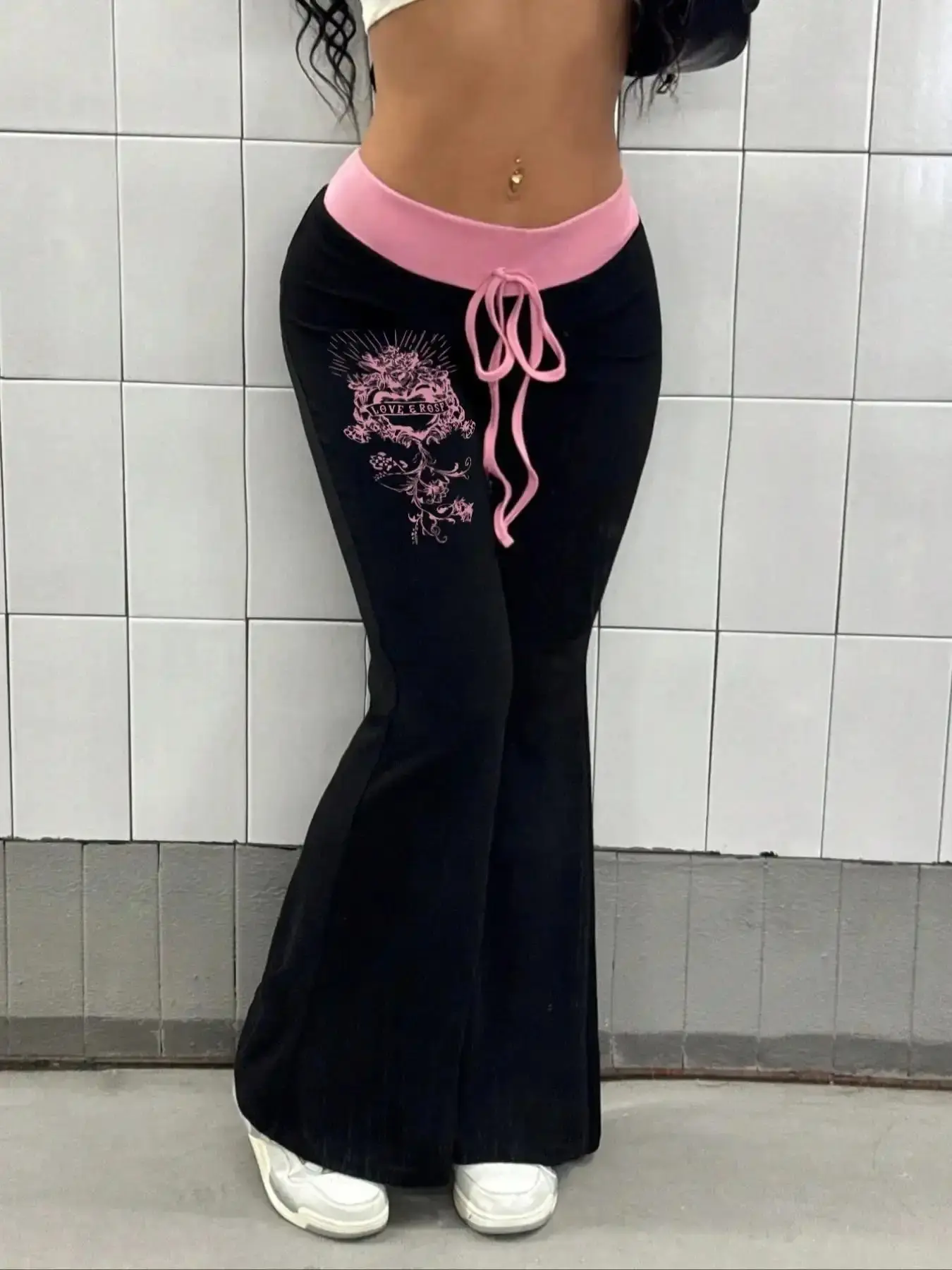 Women's Knitted Colorblock Print Bell Bottom Pants, Bohemian Fashion Casual Punk Style Long Trousers Set, Slim-Fitting All Seasons Wear oversized athleisure statement piece relaxed fit