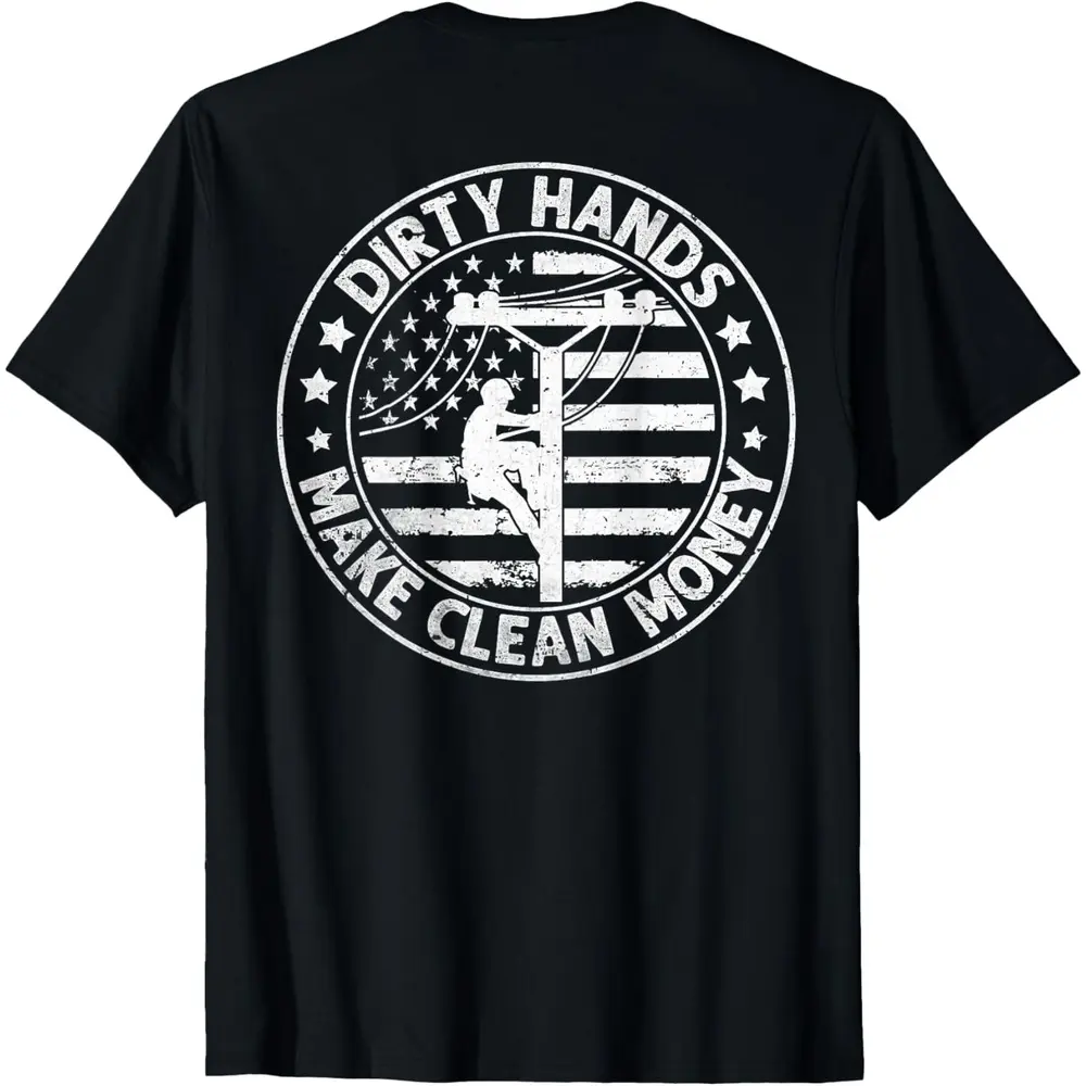 Men's Cotton Blend Casual Short Sleeve Round Neck Graphic Print Loose-Fit T-Shirt - Menswear Top, Lineman American Flag Design, "Dirty Hands Clean Money" Slogan, Breathable All-Season Wear