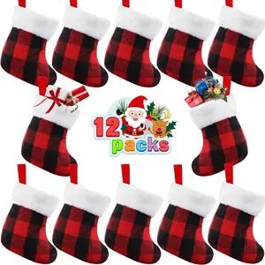 12PACK Mini Christmas Stockings 7” Double Side Xmas Red Buffalo Plaid Fireplace Hanging Stocking with Plush Cuff for Christmas Tree Decor