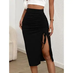 Women's Solid Color Bodycon Skirt with Adjustable Drawstring Ruched Split Thigh, Fashion Chic Casual Knee-Length Skirt for Daily Outdoor Wear, Women's Bottoms for Spring and Summer
