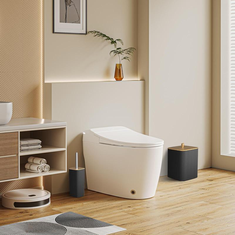 Black Bathroom Set with Shower Curtain, Trash Can, Toilet Brush Holder, Soap Dispenser, and More, Modern Bathroom Accessories