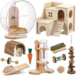 18 Pcs Hamster Cage Accessories Silent Hamster Wheel 15 Chew Toys Set Maze Wood House and Water Bottle Set for Rat Mice Small Animals Habitat Fun Interactive Style