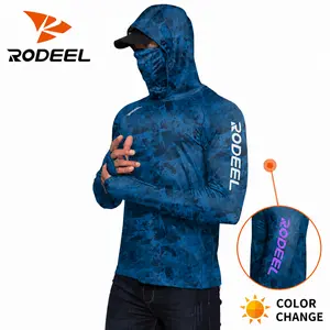 【RODEEL】934 Sun Hoodie Shirts w/ UV Detection Logo Mask Neck Gaiter Thumbhole Men UPF 100+ Sun Protection Long Sleeve Lightweight Quick Dry Moisture Wicking Breathable Cooling Athletic Activewear for Outdoor Fishing Boating Framing Roofing summervibes
