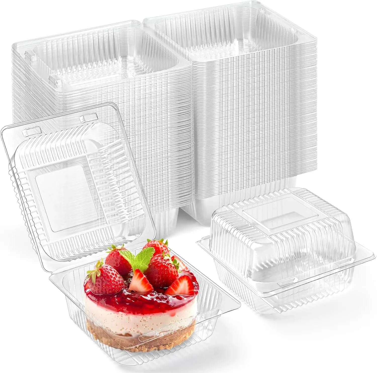 50 Pack | Clear Clamshell Take Out Food Containers, Disposable Square Slice Cake Containers with Hinged Lids, To Go Dessert Boxes for Cake, Sandwich, Hamburger, Salad, Bakery Packaging Supplies