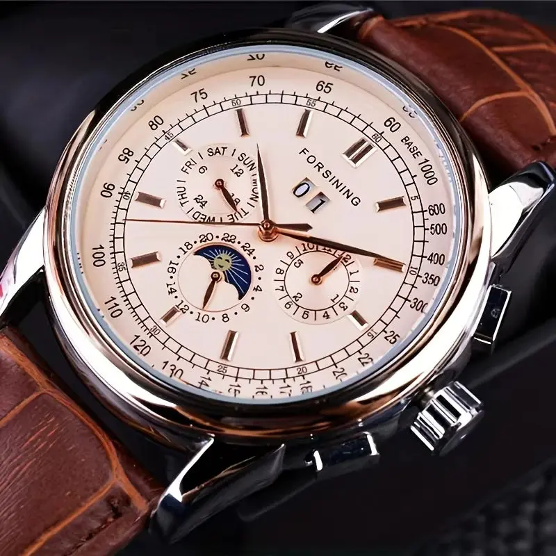 Forsining Retro Mechancial Watches Moon Phase Shanghai Movement Rose Gold Case Brown Leather Strap Luxury Automatic Mens Watch