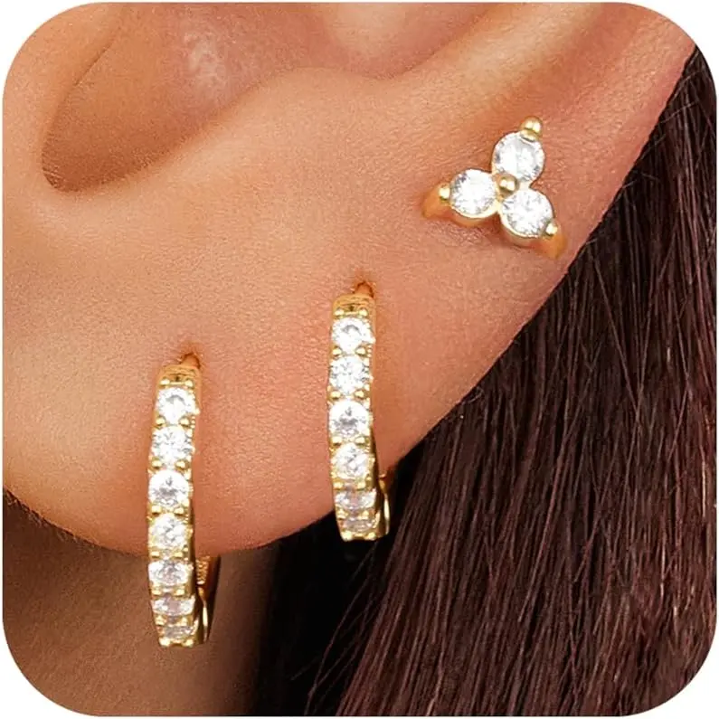 Small Hoop Earrings for Women, Diamond Stud Huggie Cartilage Earrings Set for Multiple Piercing, 3 Pairs Trendy Jewelry Gifts