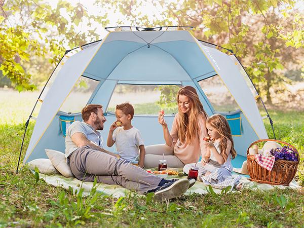 WolfWise Easy Up Beach Tent UPF 50+ Portable Instant Sun Shelter with Spring Opening System, 3 Sandbags, 4 Wind Ropes & 10 Stakes for Stability Outdoorfun,summerwins